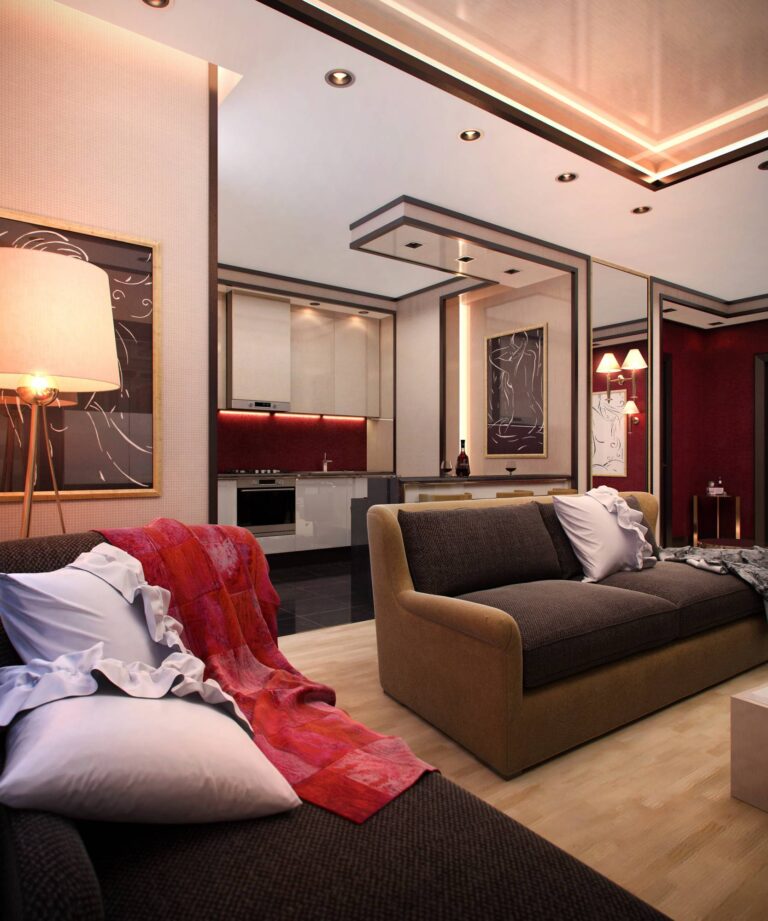 Темно-красный фартук в дизайне бежевой кухни