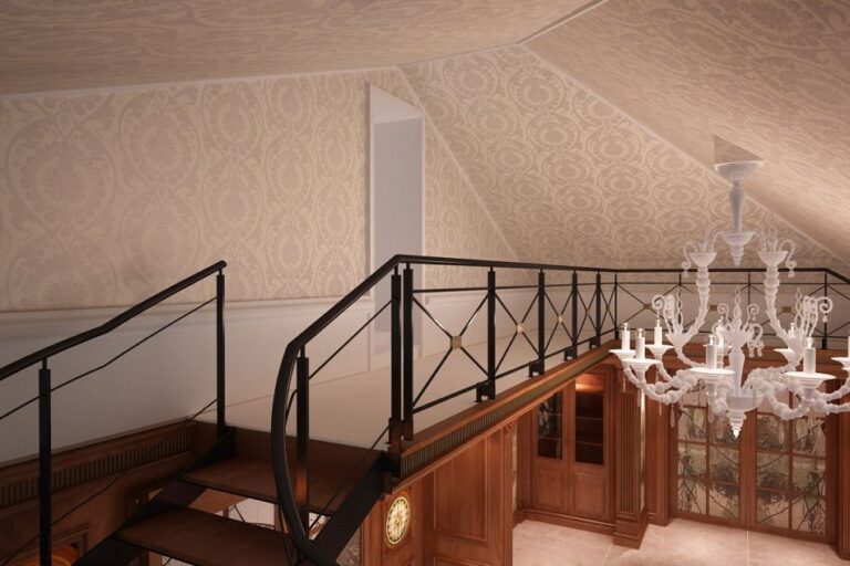 Классический орнамент в белых тонах в оформлении второго этажа