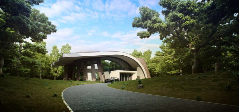 Дорогая, ведущая к дому из темно-коричневого кирпича и стекла