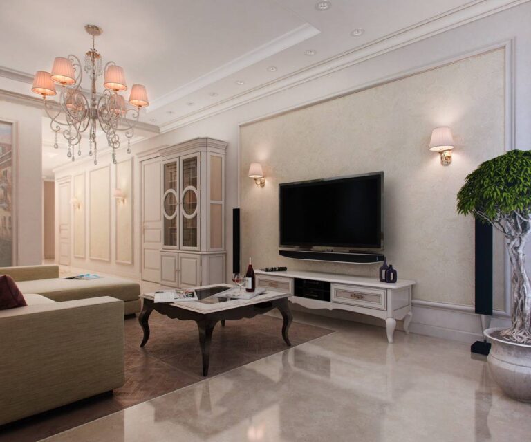 Дизайн гостиной с большой оранжевой люстрой