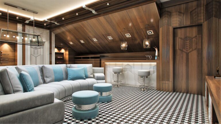 Встроенные светильники в обшитом темно-ореховыми панелями наклонном потолке