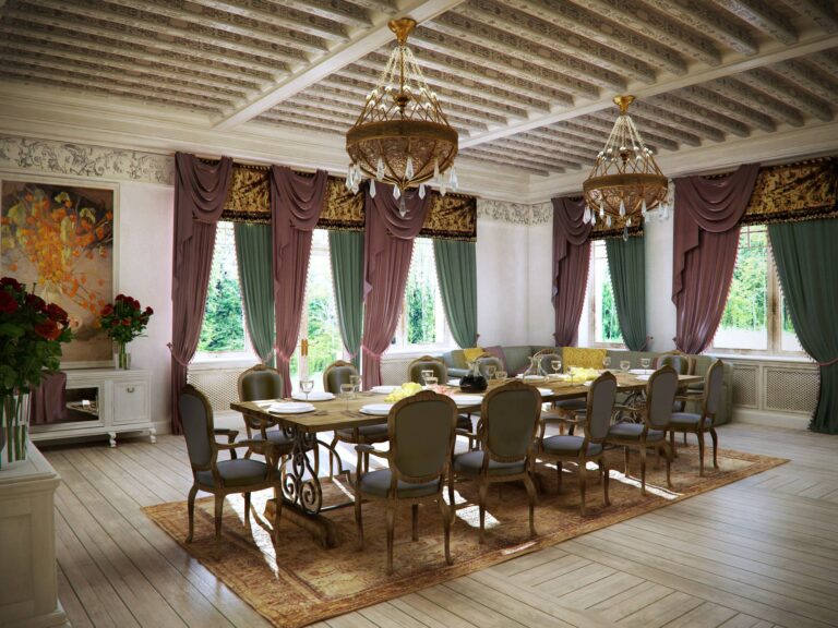 Бордово-зеленые портьеры в дизайне столовой
