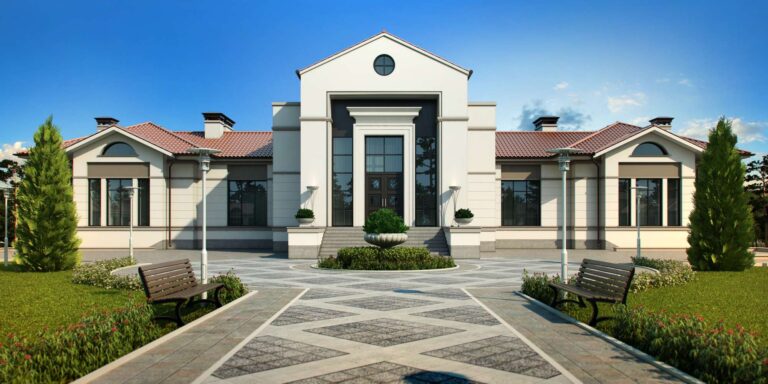 Ландшафтное оформление участка перед внутренним фасадом дома