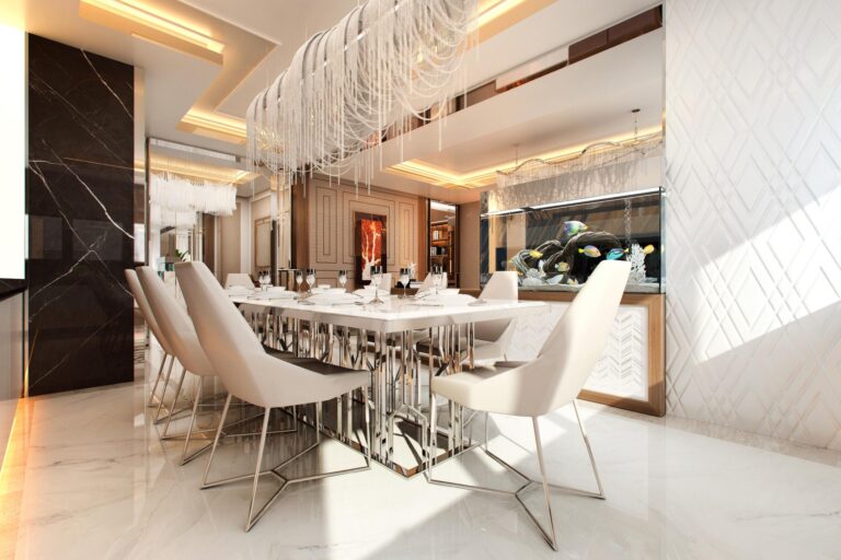 Мягкие стулья на металлическом основании в интерьере белой столовой