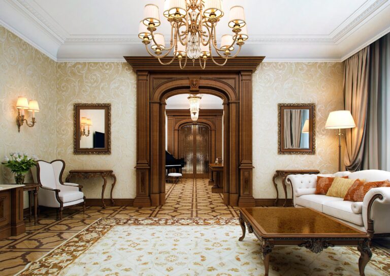 Арочные дверные проемы в отделке массивом дуба с резным декором