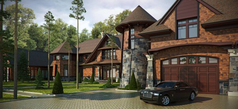 Терракотовый кирпич и природный камень в фасаде дома шале