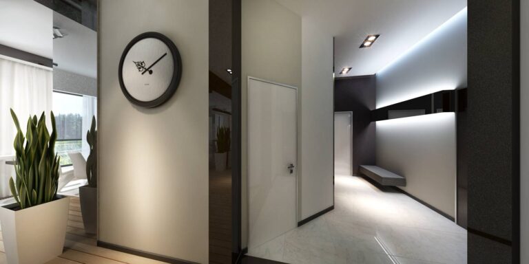 Глянцевый кант черного цвета в оформлении светлой прихожей