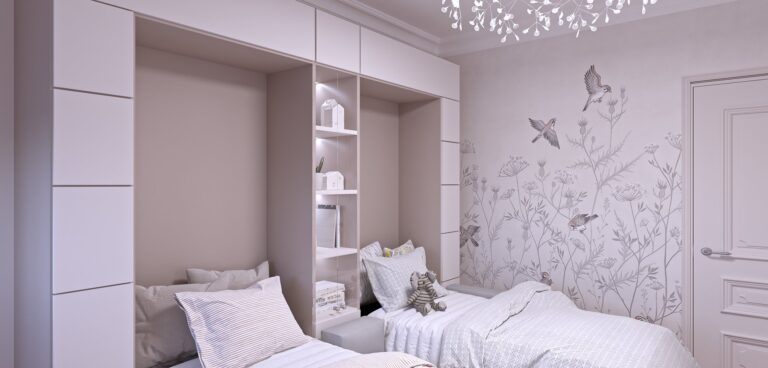 Изголовье кроватей в виде П-образных шкафов в детской