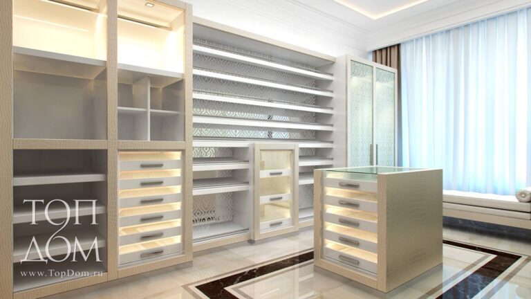 Оформление дизайна большой гардеробной в белом цвете