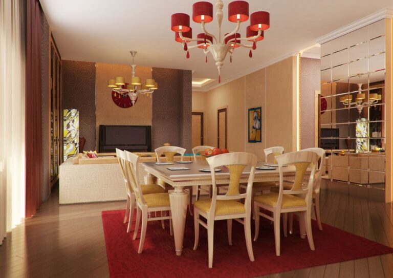 Совмещенная столовая со светлой мебелью и красными акцентами