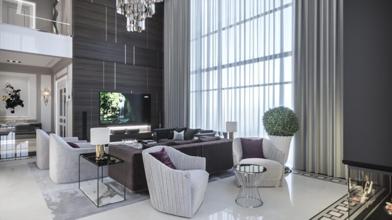 Дизайн современной гостиной с драпированными белыми креслами