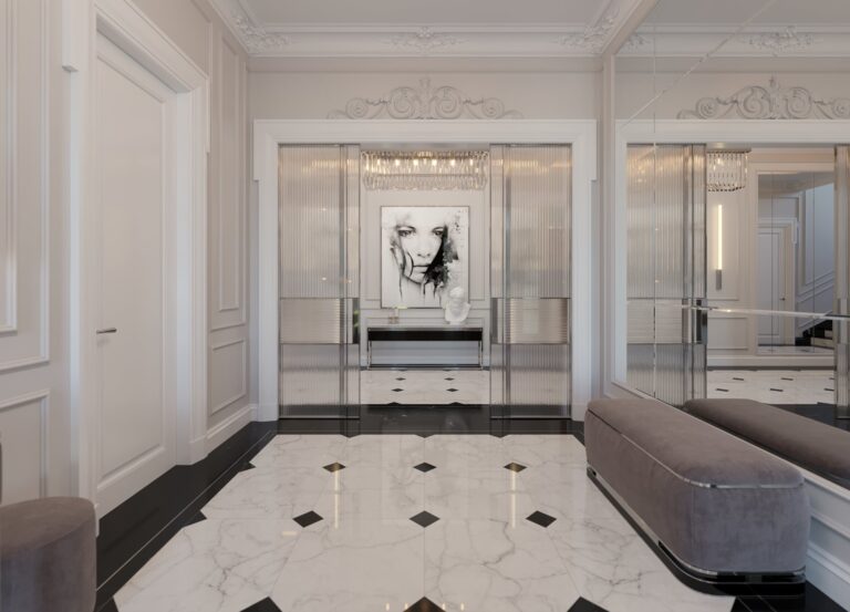 Отделка холла мрамором и деревянными панелями