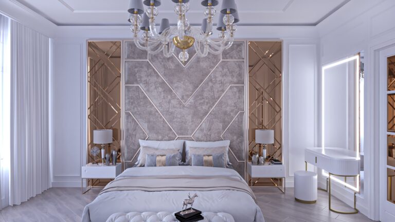 Интерьер спальни с серо-золотистой люстрой
