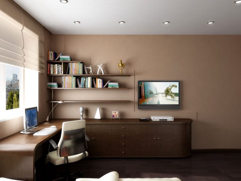 Проект оформления детской с коричневым угловым комодом