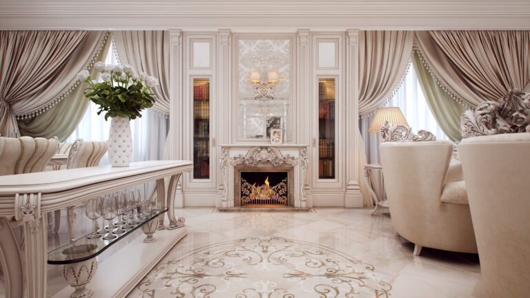 Гостиная с декорированным мраморным полом цвета слоновой кости