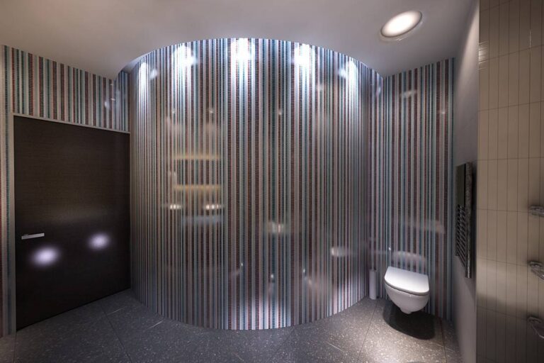 Проект оформления санузла с выгнутой мозаичной стеной