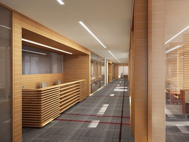 Интерьер ресепшен в офисе в стиле хай-тек