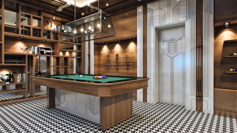 Темно-ореховая бильярдная комната с игровым столом
