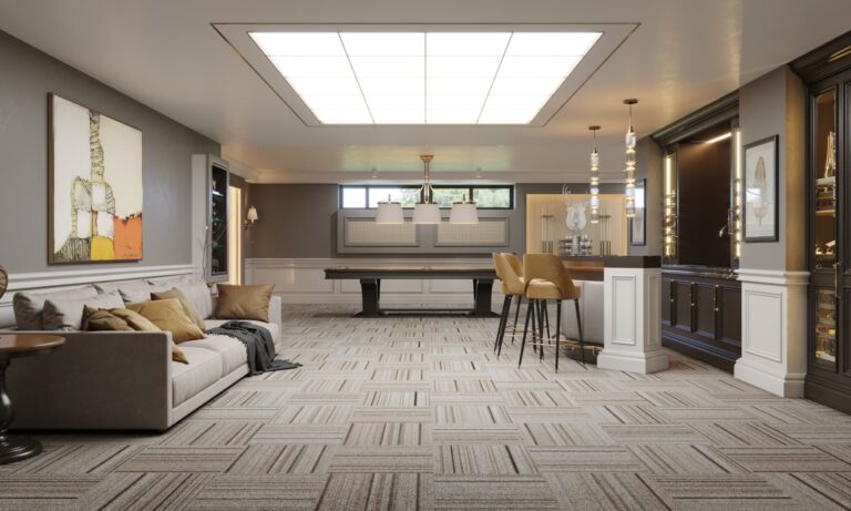 Творческий интерьер цоколя с бильярдной и баром