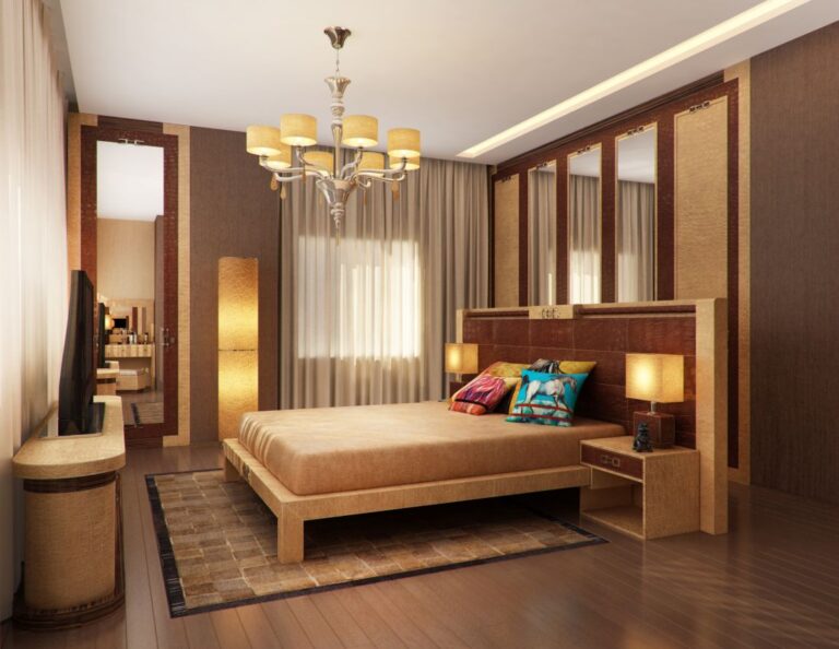 Массивное изголовье кровати с кожаными вставками в интерьере спальни