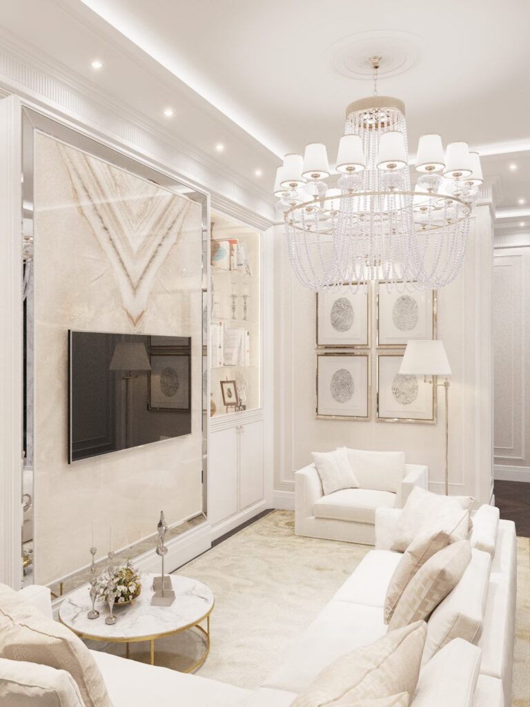 Белая гостиная с зеркальной отделкой