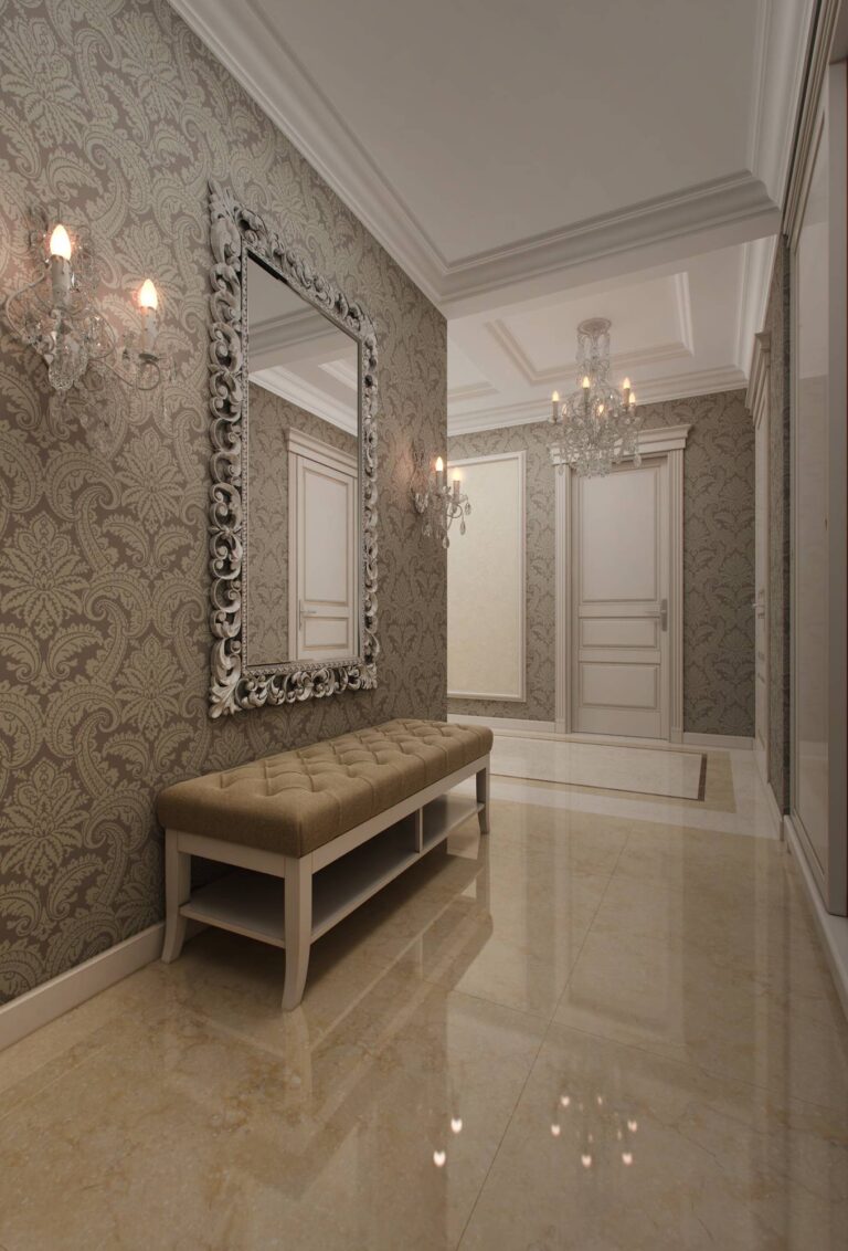 Орнамент на коричневых обоях в интерьере прихожей
