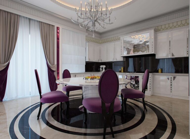 Бело-лиловые оттенки в дизайне роскошной кухни