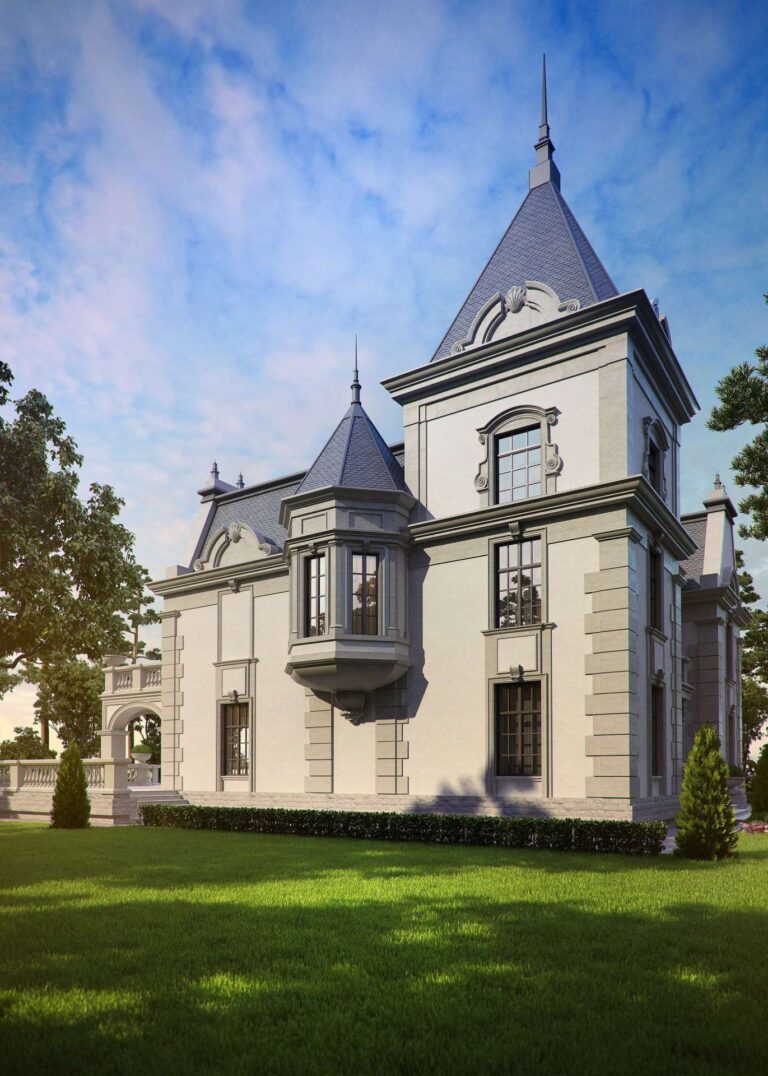 Эркер на втором этаже и решетчатые окна на левом  фасаде особняка