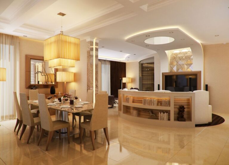 Совмещение белого и кремового оттенков в дизайне столовой и гостиной