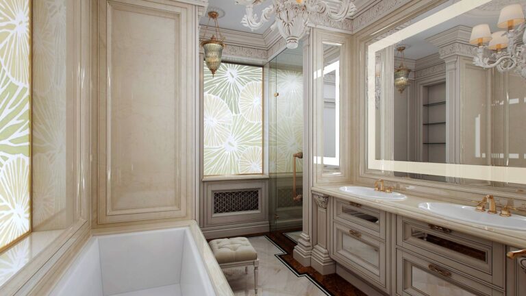 Ванная комната в отделке бежевым полированным мрамором, стеклом и зеркалами