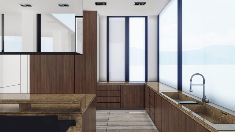 Эскиз кухни в отделке мрамором и натуральной древесины