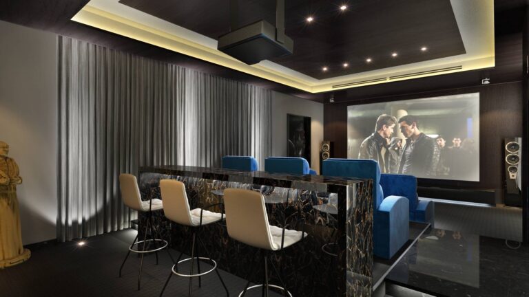 Домашний кинотеатр с барной стойкой из полированного черного гранита с внутренней подсветкой