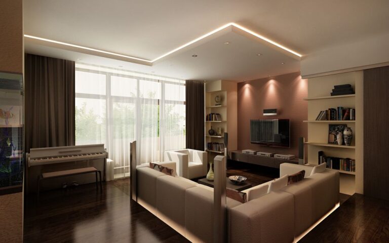 Угловой диван светлых тонов в интерьере кофейной гостиной