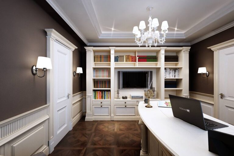 Фото дизайна светлого кабинета с темными полами