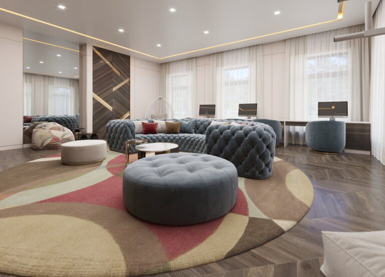 Дизайн игровой комнаты с большим круглым ковром