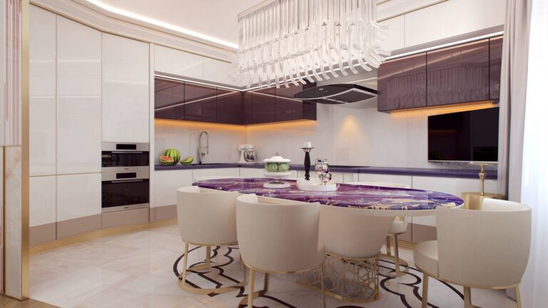 Акценты золотого в светлом дизайне кухни и столовой