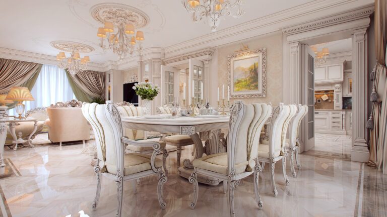 Рельефная резьба в дизайне белой обеденной зоной