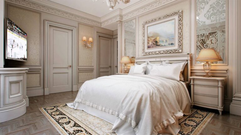 Спальня в классическом стиле с большой ТВ-панелью