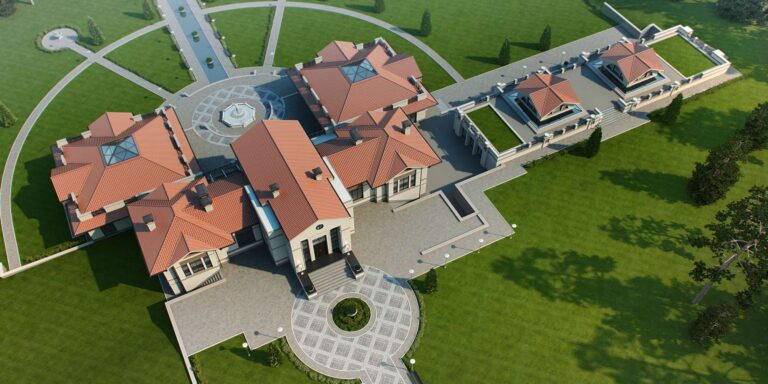 Внутренний фасад загородного дома и прилегающий участок (вид сверху)