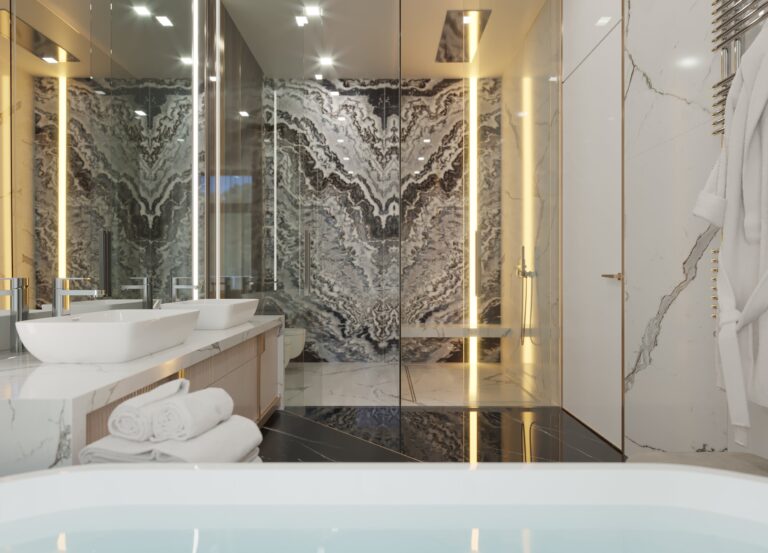 Отделка ванной темным и светлым камнем