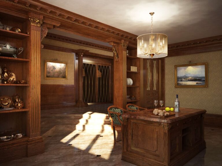 Лакированное красное дерево в интерьере комнаты коттеджа