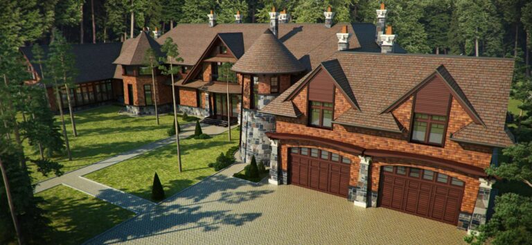 Парковка для автомобилей из гранитной плитки и гараж из кирпича