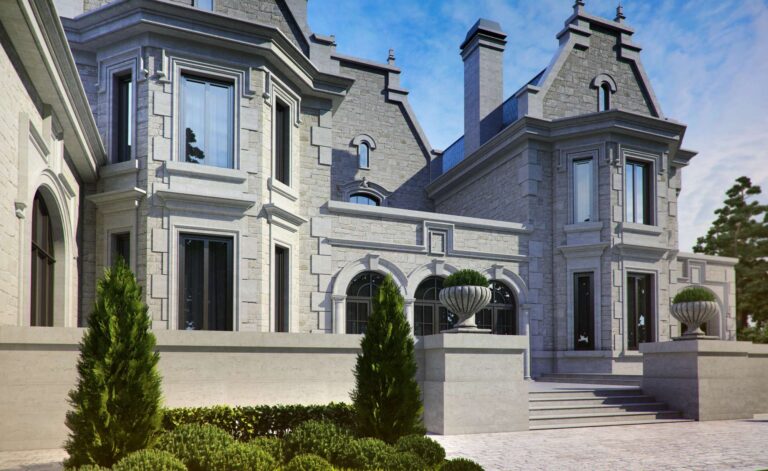 Вазоны и пологая лестница на нижней террасе дома