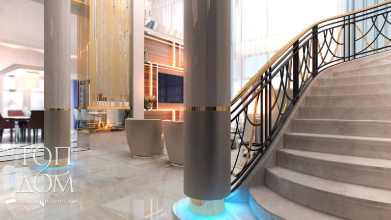 Интерьер гостиной с глянцевыми колонами