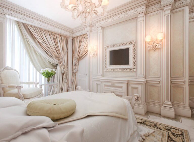 Классический интерьера спальни с лепными колоннами
