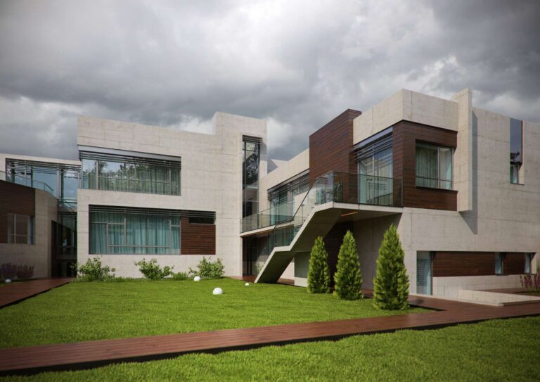 Прозрачное стекло, дерево и светлая отделка в фасаде особняка