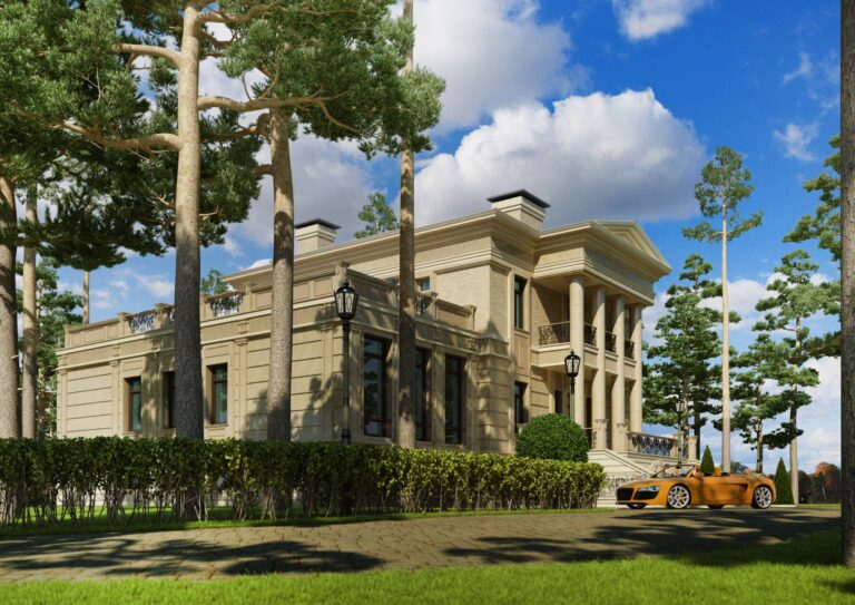 Балкон и панорамные окна на правом фасаде дома из кирпича и светлой отделки