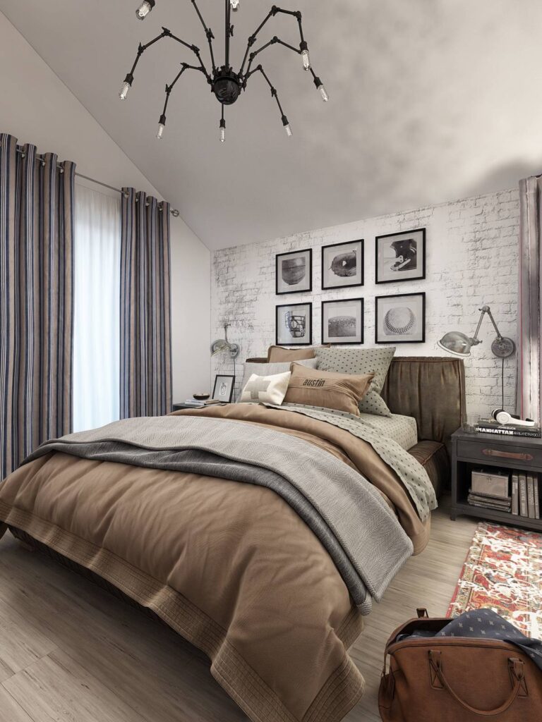 Спальня с белой кирпичной стеной