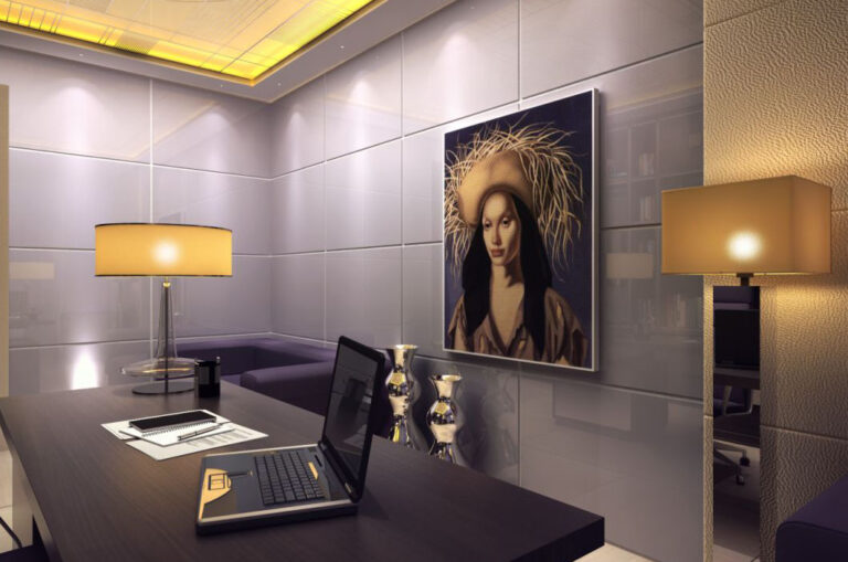 Светло-серый интерьер кабинета с желтыми акцентами