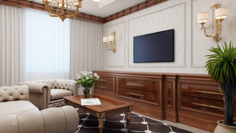 Классическая зона отдыха в сочетании белого, бежевого и коричневого цветов